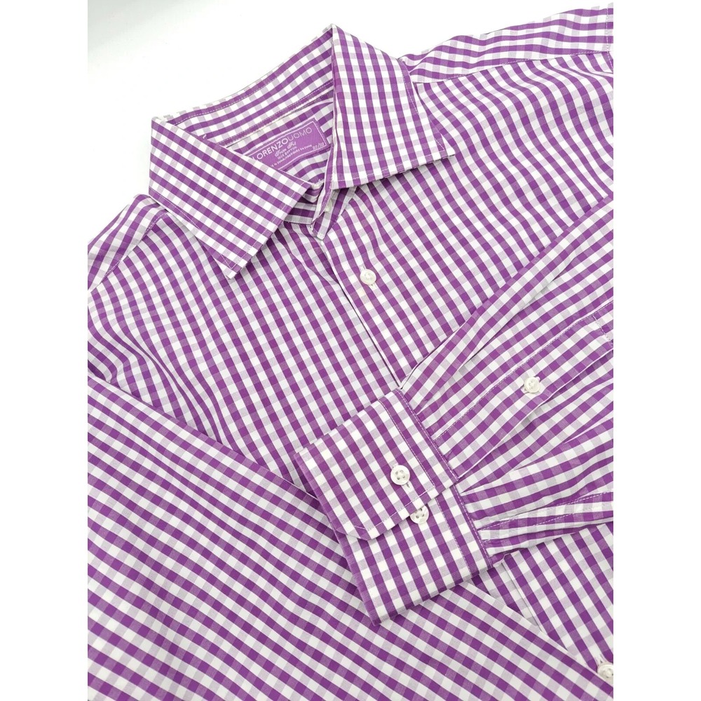 Lorenzo Uomo Mens 16x33 Purple Gingham Cotton Trim Fit Dress Shirt